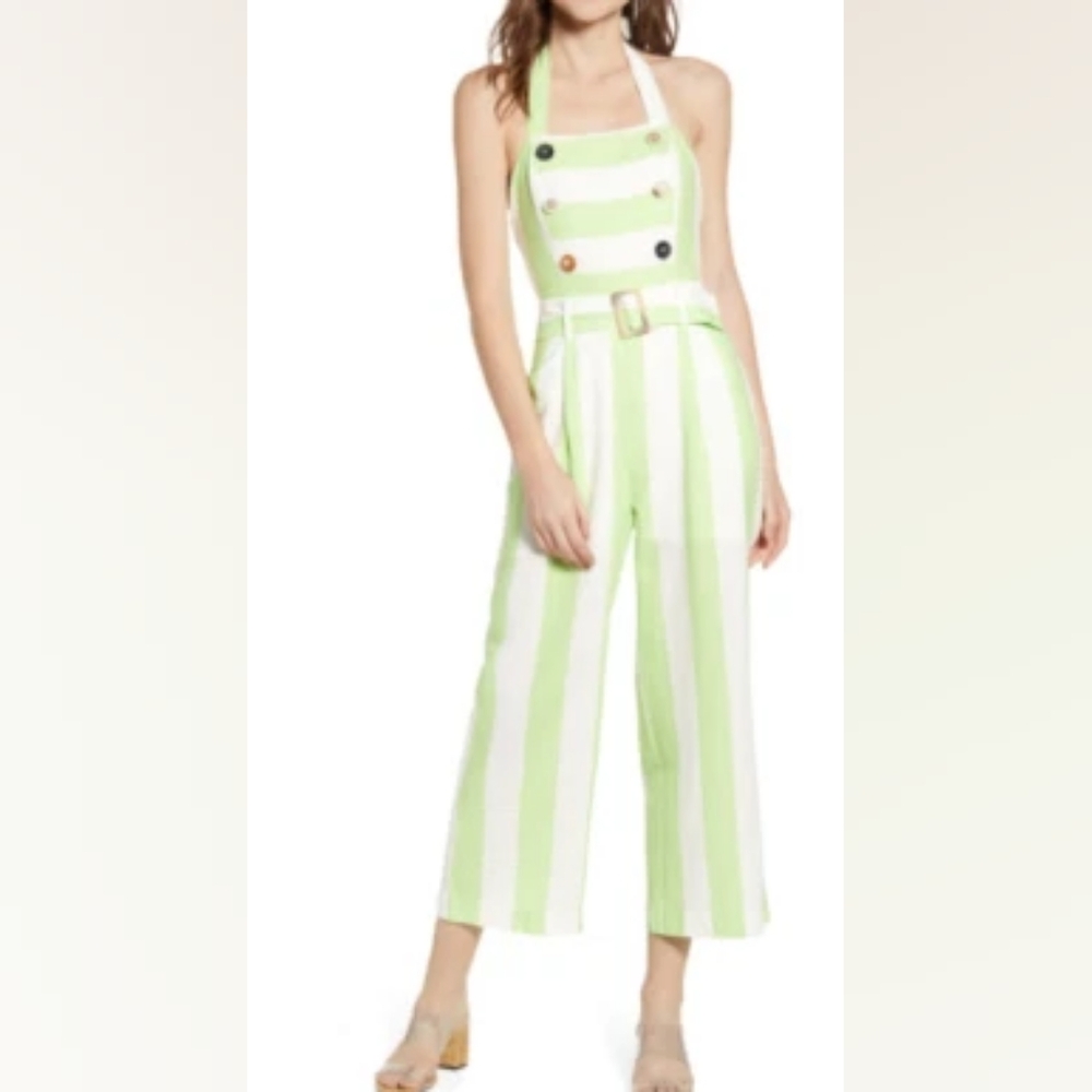SALE Moon River Green and White Striped Wide-Leg Jumpsuit